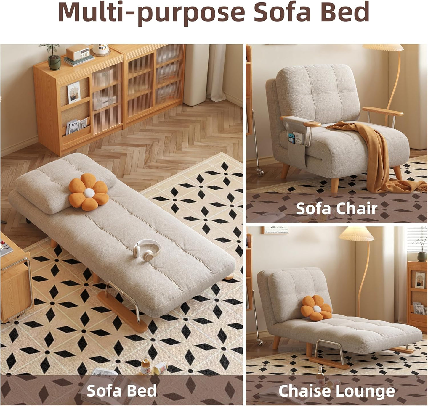 Modern Convertible Chair Bed with Wood Legs