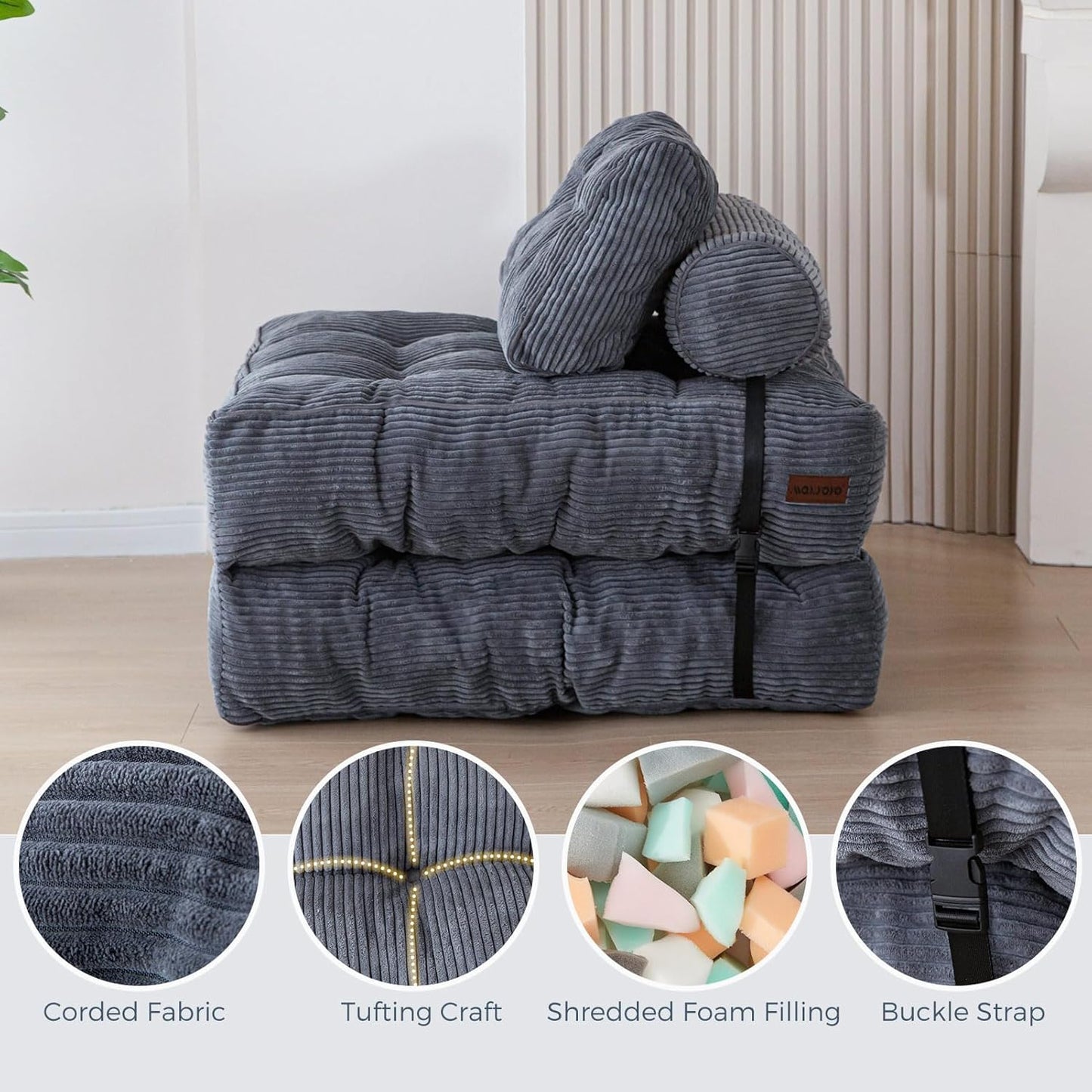 Folding Sofa Bed, Convertible Sleeper Chair with Pillow, Portable Floor Lounge Chair Bed, Dark Grey, Single