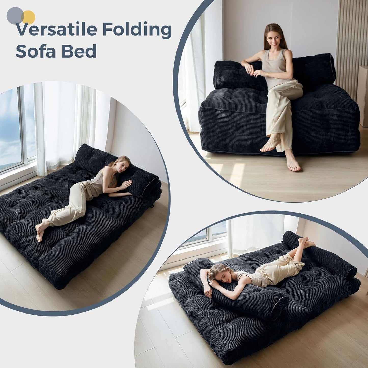 Folding Sofa Bed, Convertible Sleeper Chair with Pillow, Portable Floor Lounge Chair Bed, Dark Grey, Single