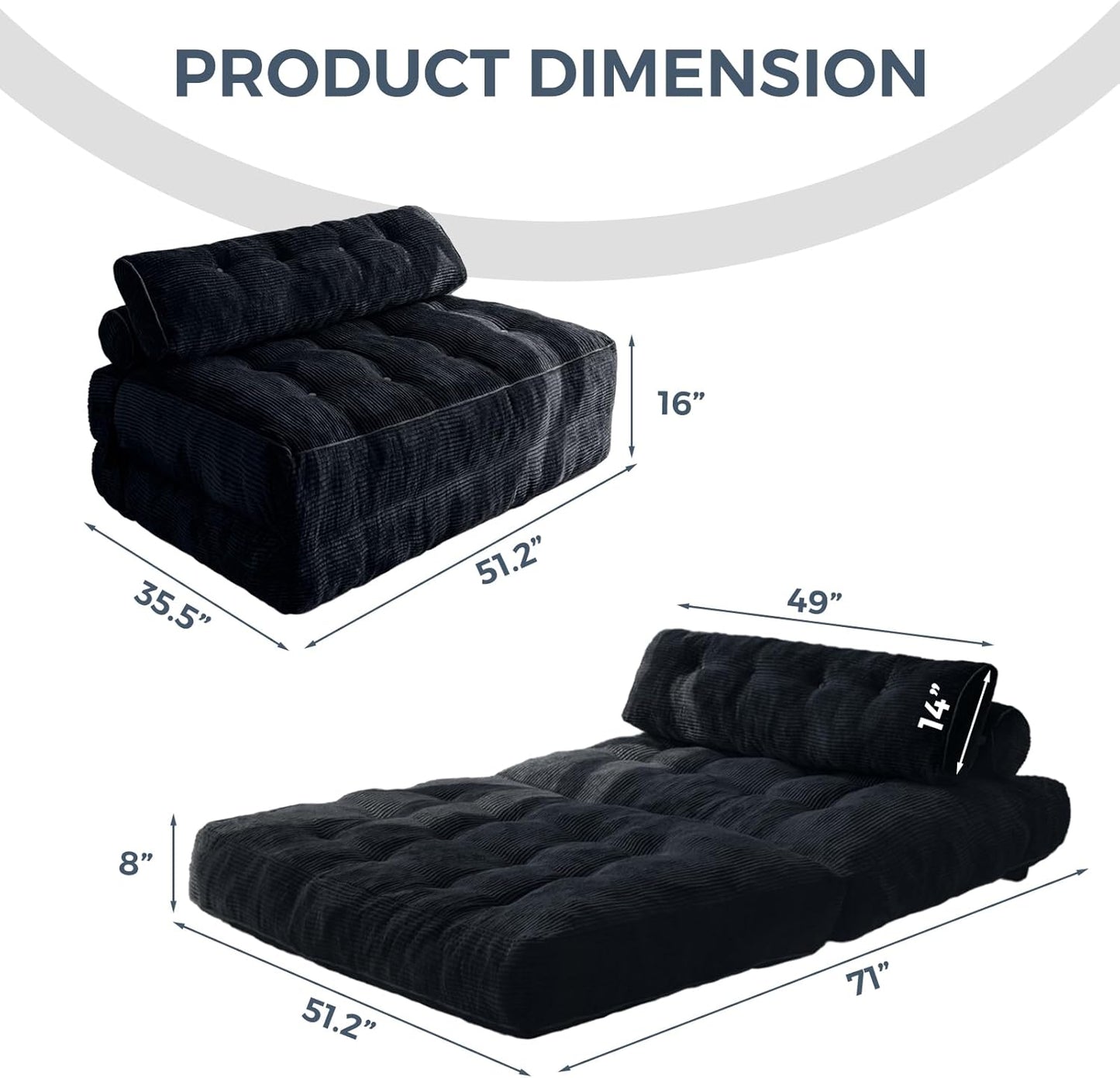 Folding Sofa Bed, Convertible Sleeper Chair with Pillow, Portable Floor Lounge Chair Bed, Dark Grey, Single