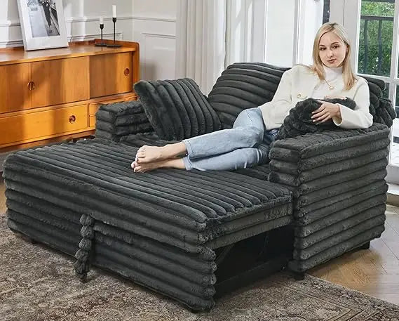 Upholstered Chaise Lounge Pull-Out Sofa Bed with Pillows, Plush Cord Sleeper Chair for Living Room