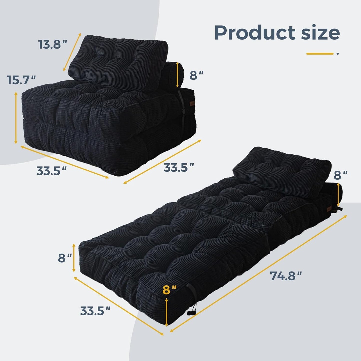 Folding Sofa Bed, Convertible Sleeper Chair with Pillow, Portable Floor Lounge Chair Bed, Dark Grey, Single