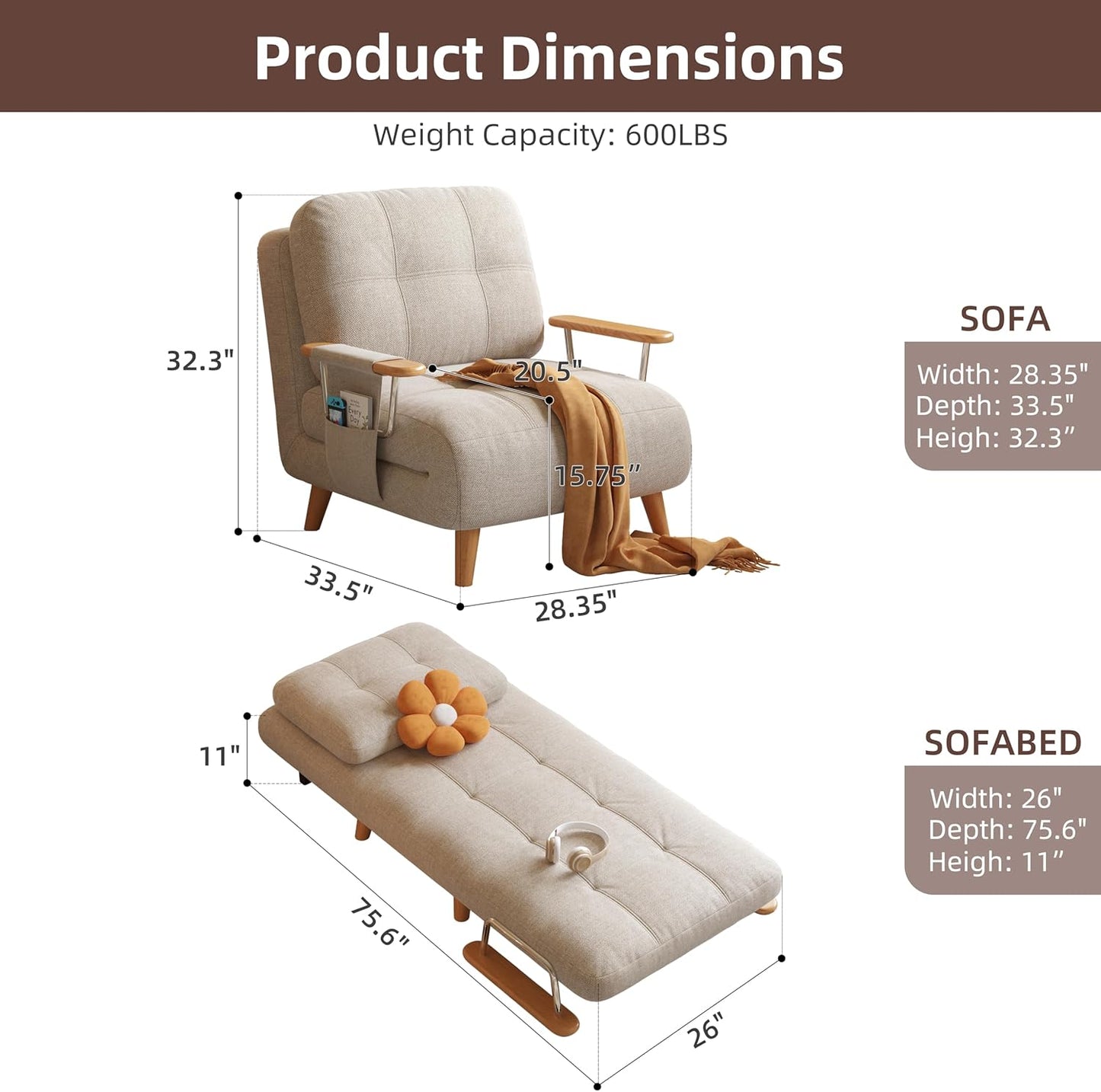 Modern Convertible Chair Bed with Wood Legs