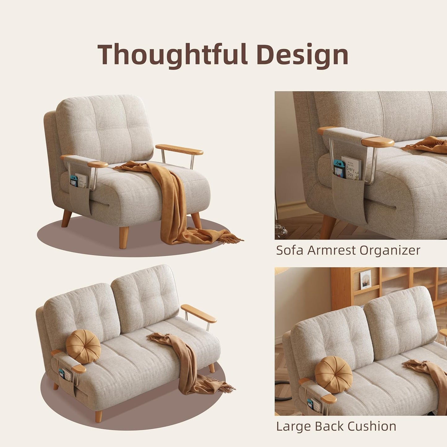 Modern Convertible Chair Bed with Wood Legs