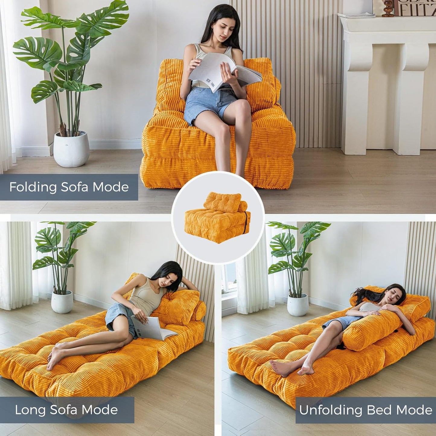 Folding Sofa Bed, Convertible Sleeper Chair with Pillow, Portable Floor Lounge Chair Bed, Dark Grey, Single
