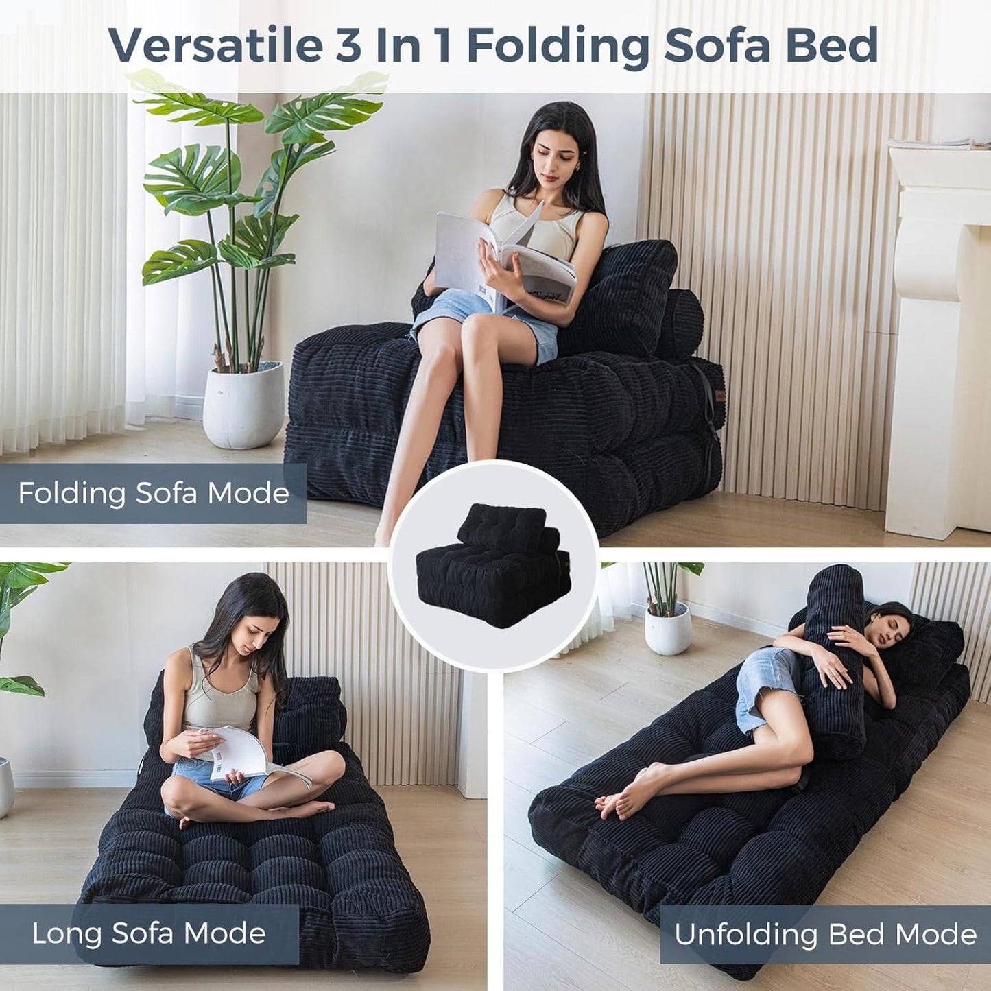 Folding Sofa Bed, Convertible Sleeper Chair with Pillow, Portable Floor Lounge Chair Bed, Dark Grey, Single