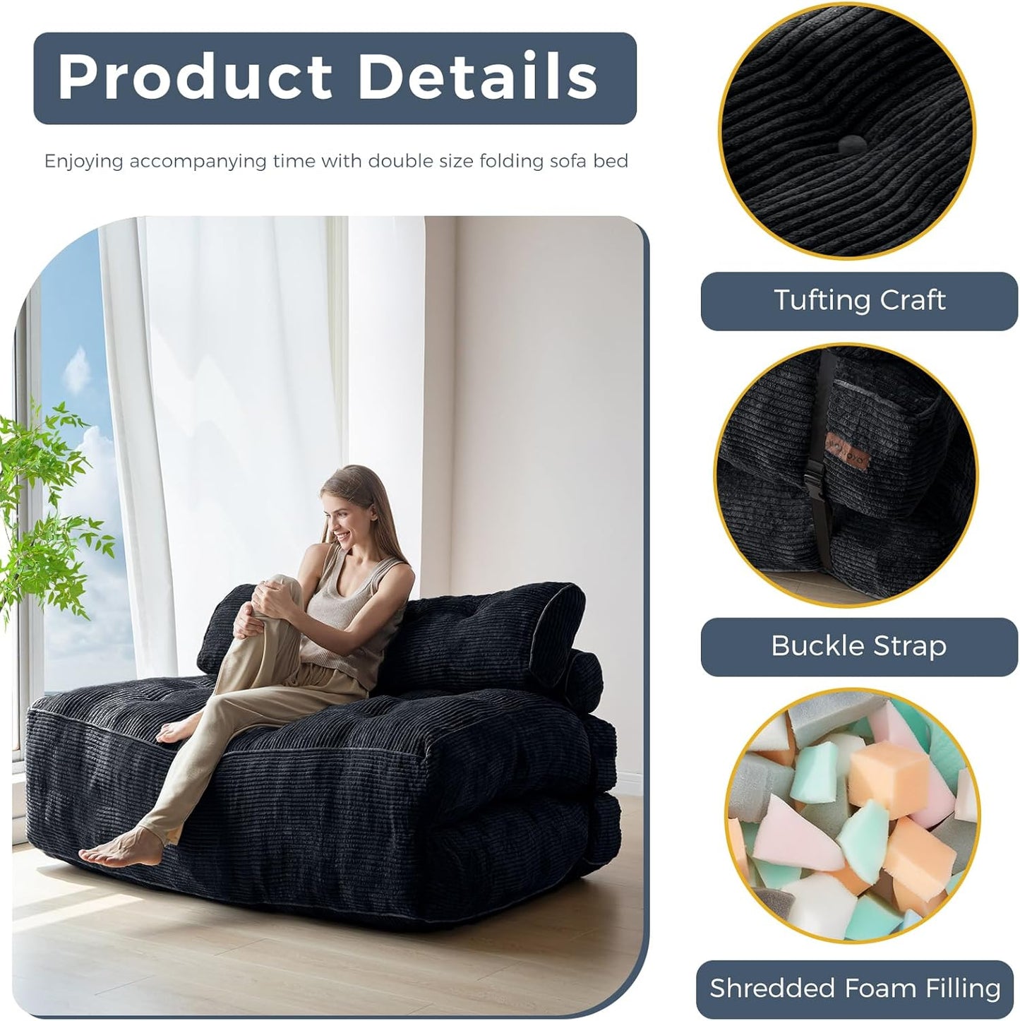 Folding Sofa Bed, Convertible Sleeper Chair with Pillow, Portable Floor Lounge Chair Bed, Dark Grey, Single