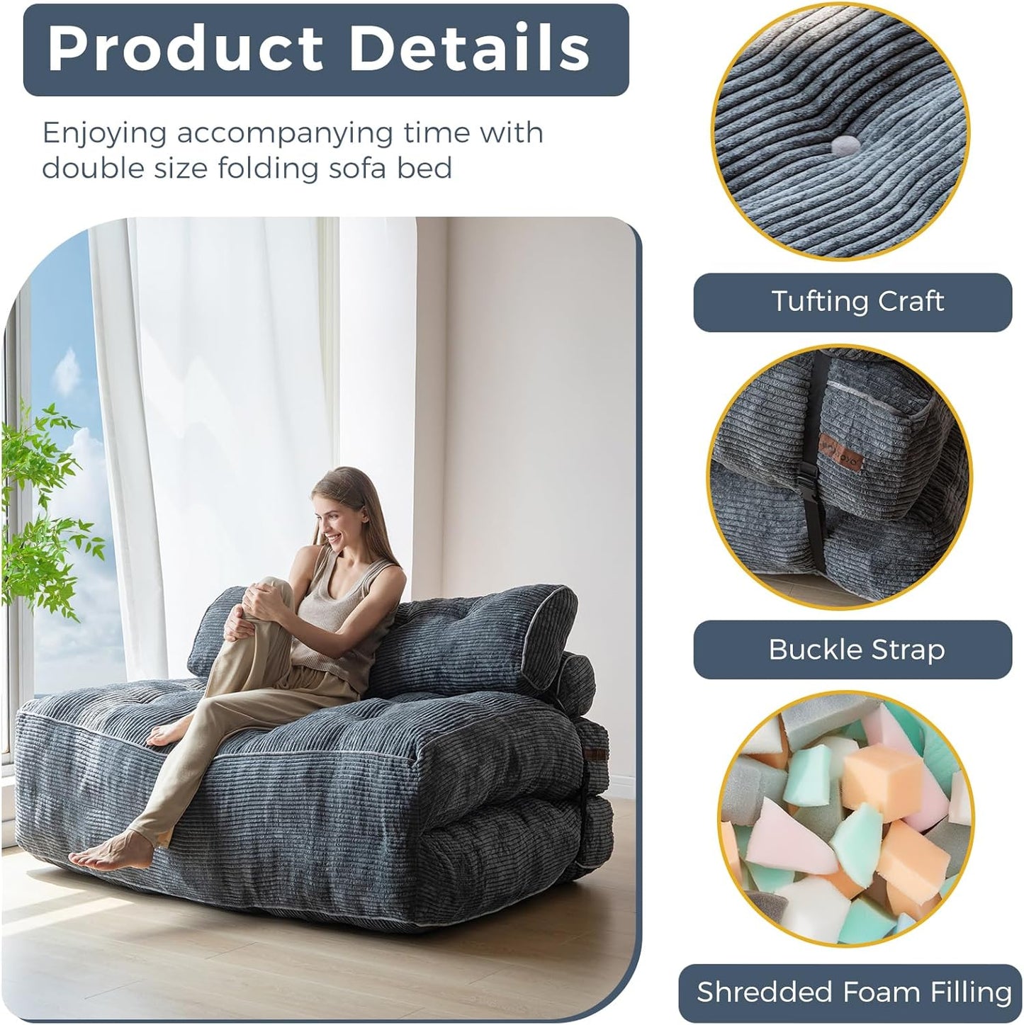 Folding Sofa Bed, Convertible Sleeper Chair with Pillow, Portable Floor Lounge Chair Bed, Dark Grey, Single
