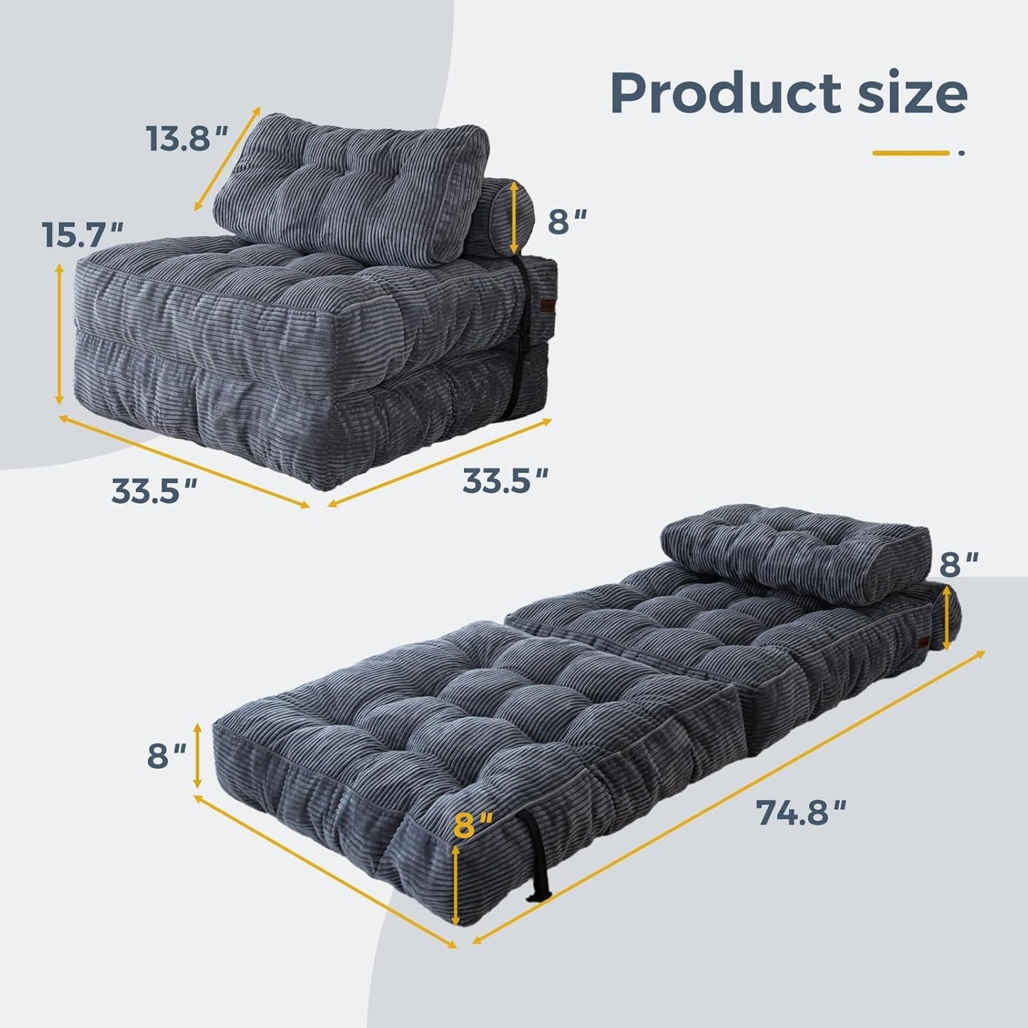 Folding Sofa Bed, Convertible Sleeper Chair with Pillow, Portable Floor Lounge Chair Bed, Dark Grey, Single