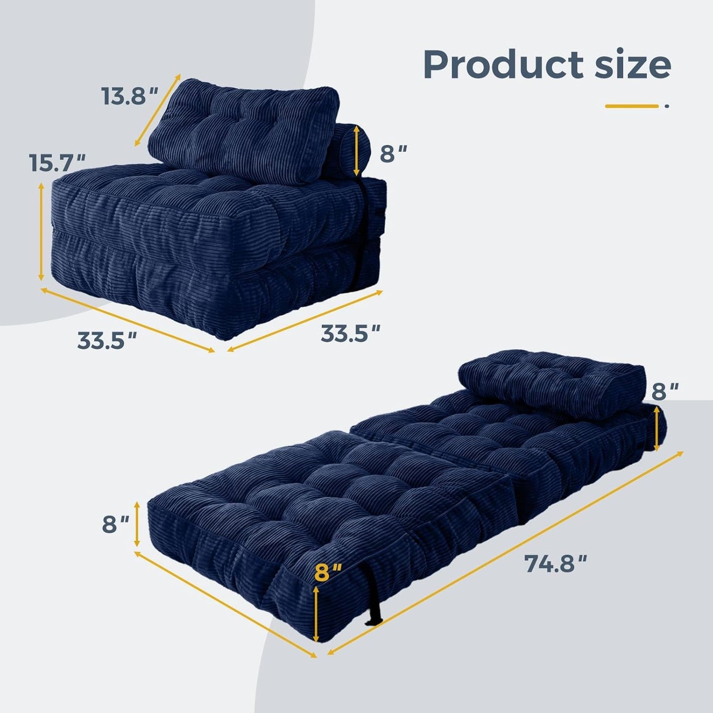 Folding Sofa Bed, Convertible Sleeper Chair with Pillow, Portable Floor Lounge Chair Bed, Dark Grey, Single