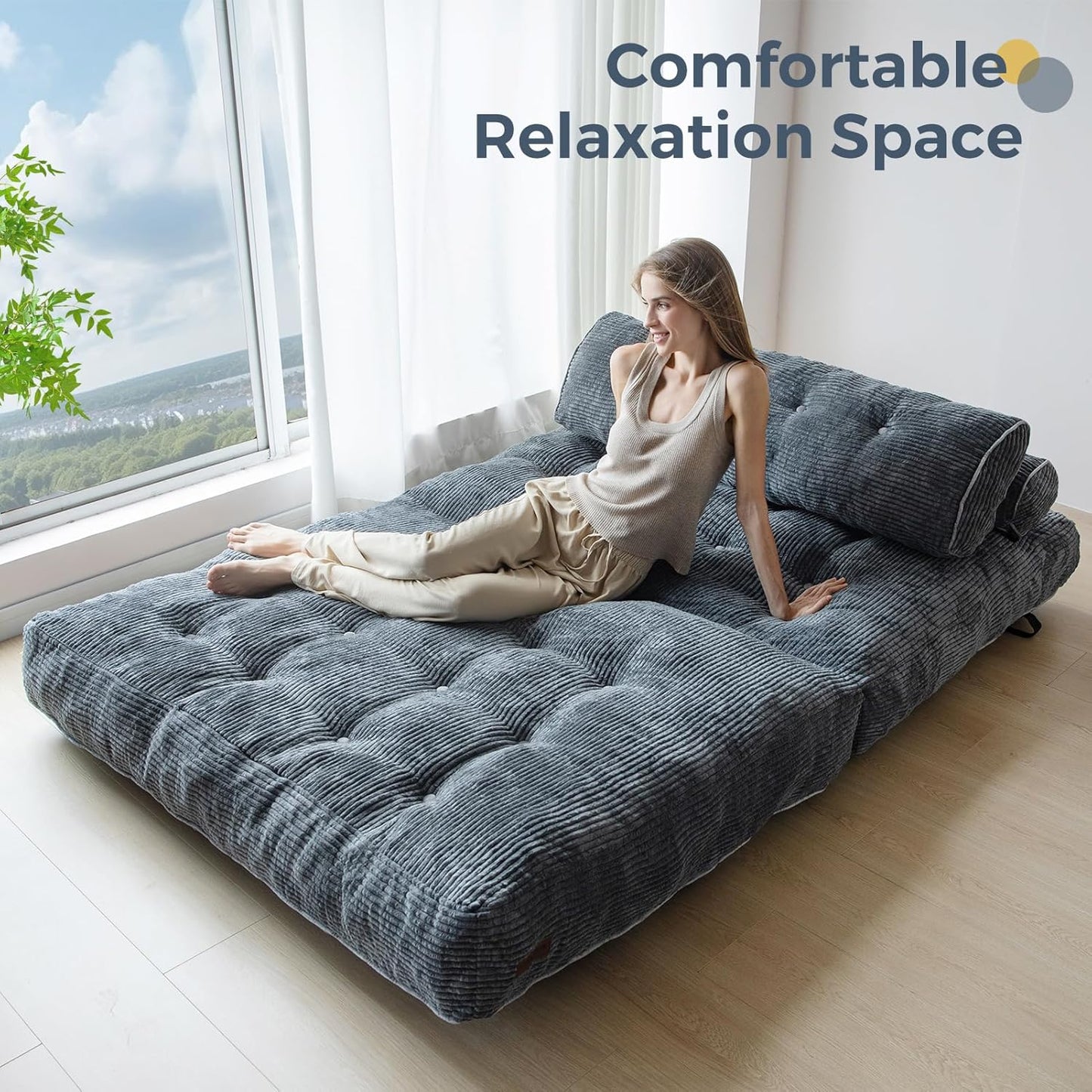 Folding Sofa Bed, Convertible Sleeper Chair with Pillow, Portable Floor Lounge Chair Bed, Dark Grey, Single