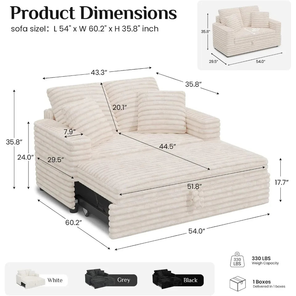 Upholstered Chaise Lounge Pull-Out Sofa Bed with Pillows, Plush Cord Sleeper Chair for Living Room