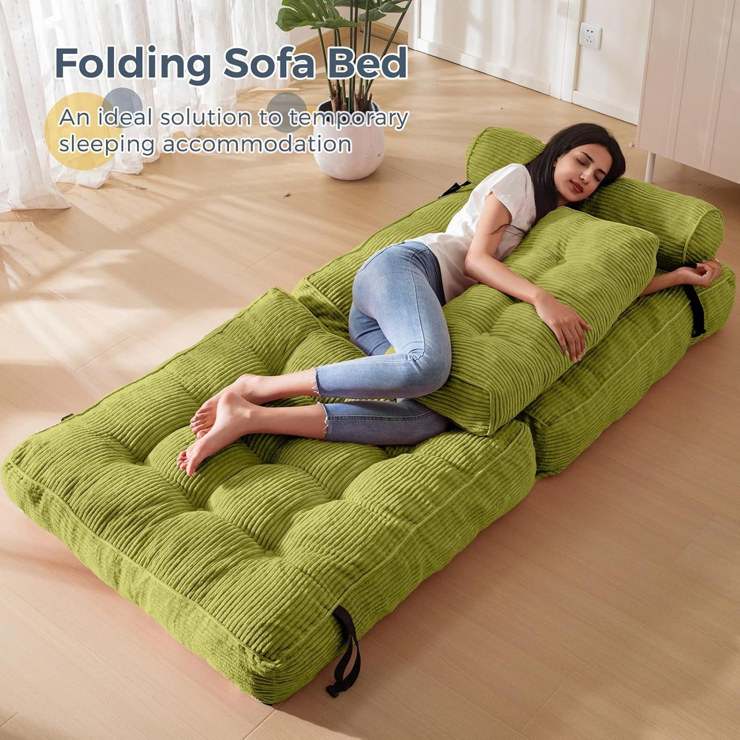 Folding Sofa Bed, Convertible Sleeper Chair with Pillow, Portable Floor Lounge Chair Bed, Dark Grey, Single