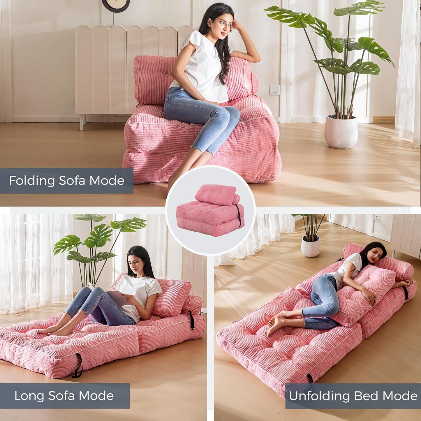 Folding Sofa Bed, Convertible Sleeper Chair with Pillow, Portable Floor Lounge Chair Bed, Dark Grey, Single