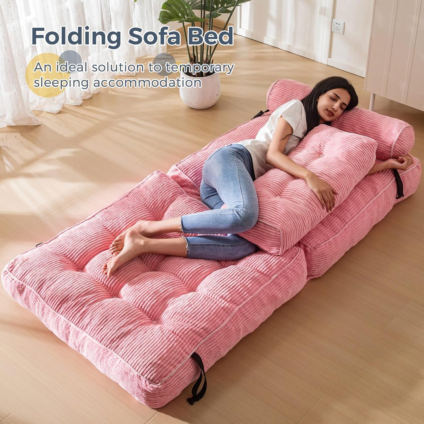 Folding Sofa Bed, Convertible Sleeper Chair with Pillow, Portable Floor Lounge Chair Bed, Dark Grey, Single