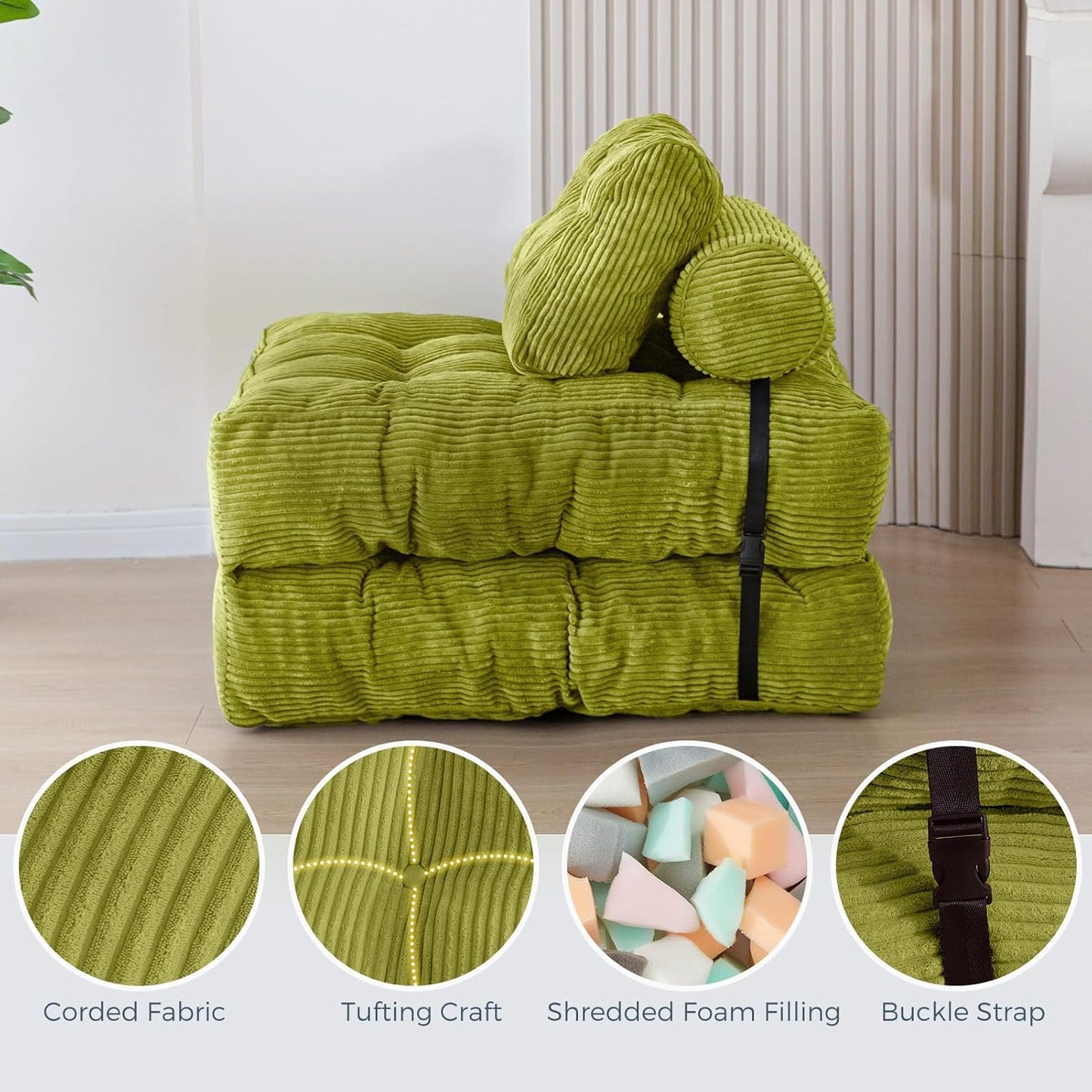 Folding Sofa Bed, Convertible Sleeper Chair with Pillow, Portable Floor Lounge Chair Bed, Dark Grey, Single