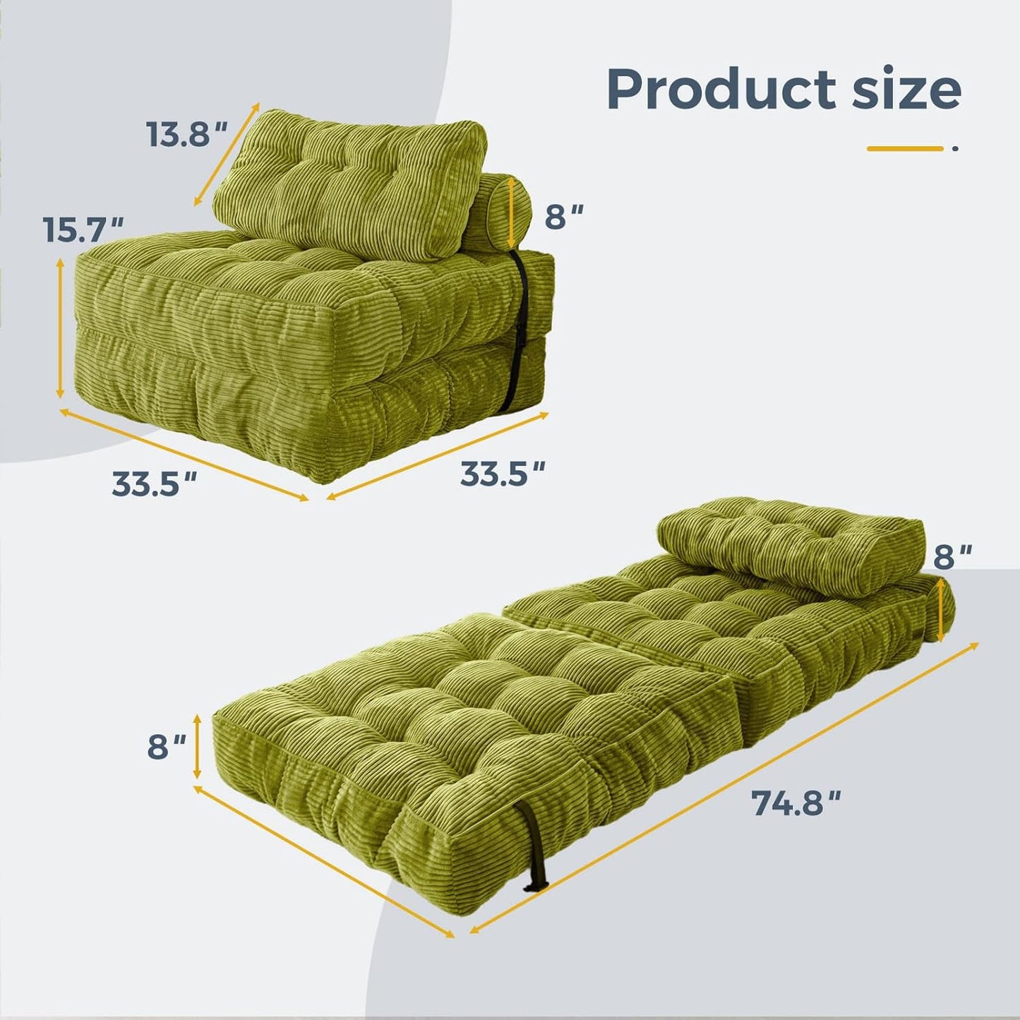 Folding Sofa Bed, Convertible Sleeper Chair with Pillow, Portable Floor Lounge Chair Bed, Dark Grey, Single