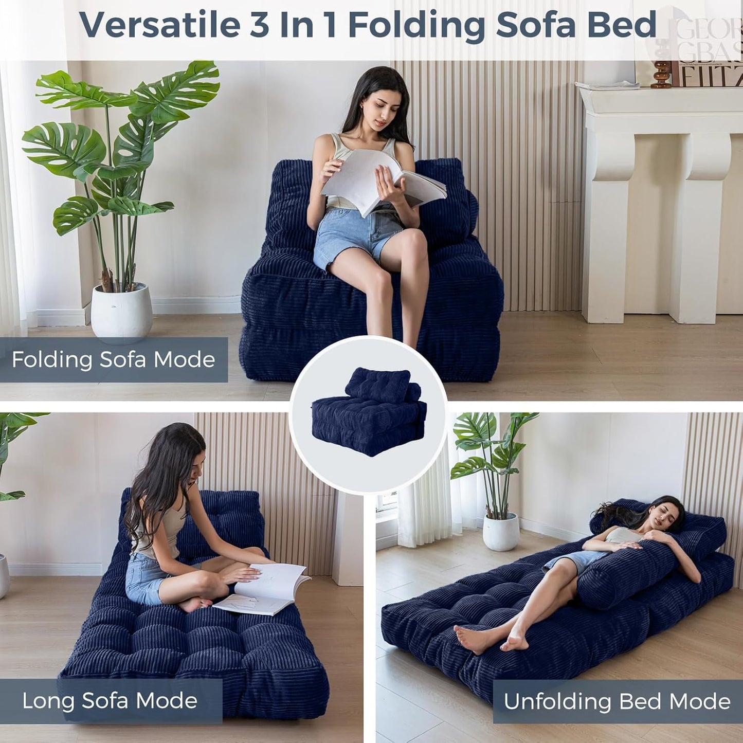 Folding Sofa Bed, Convertible Sleeper Chair with Pillow, Portable Floor Lounge Chair Bed, Dark Grey, Single