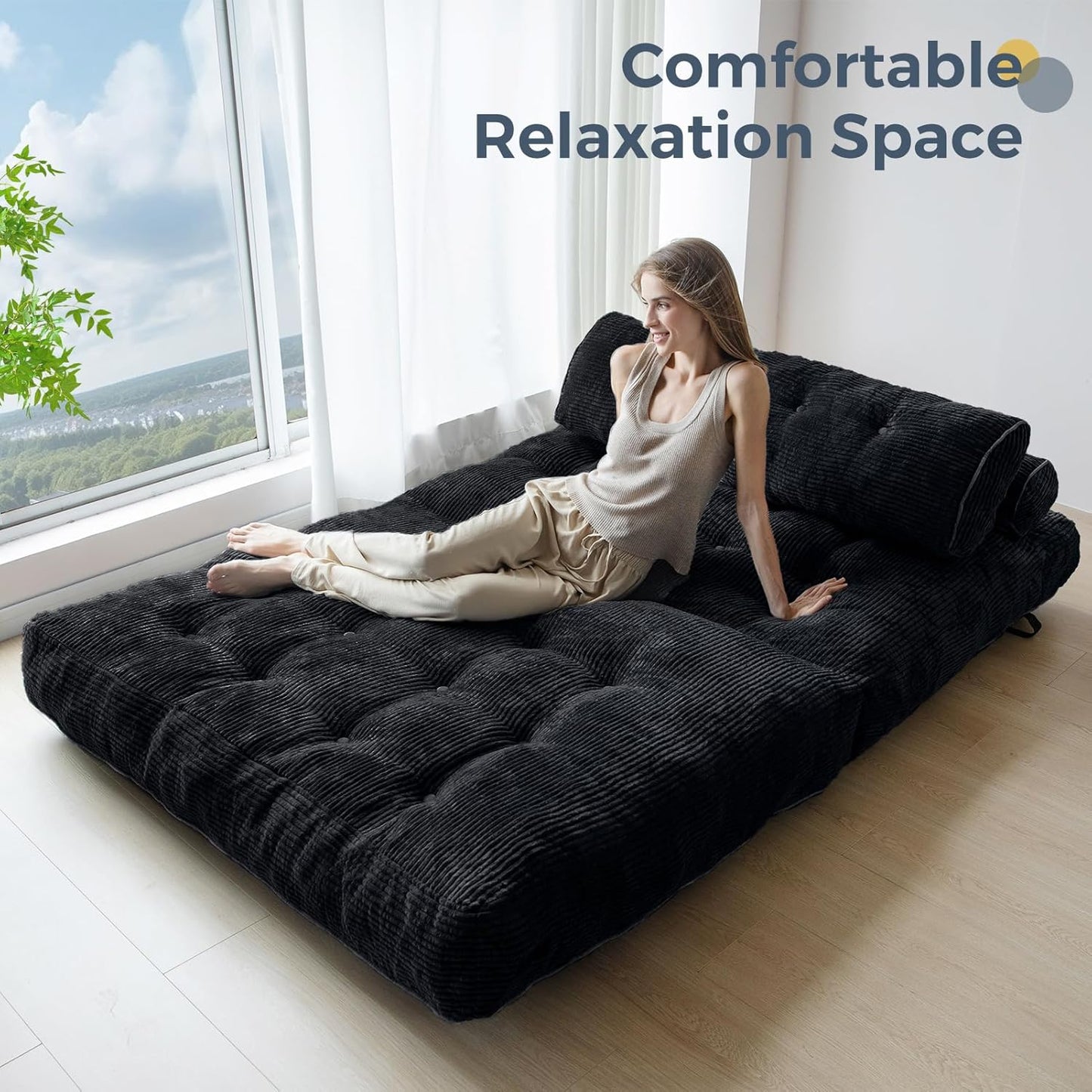 Folding Sofa Bed, Convertible Sleeper Chair with Pillow, Portable Floor Lounge Chair Bed, Dark Grey, Single