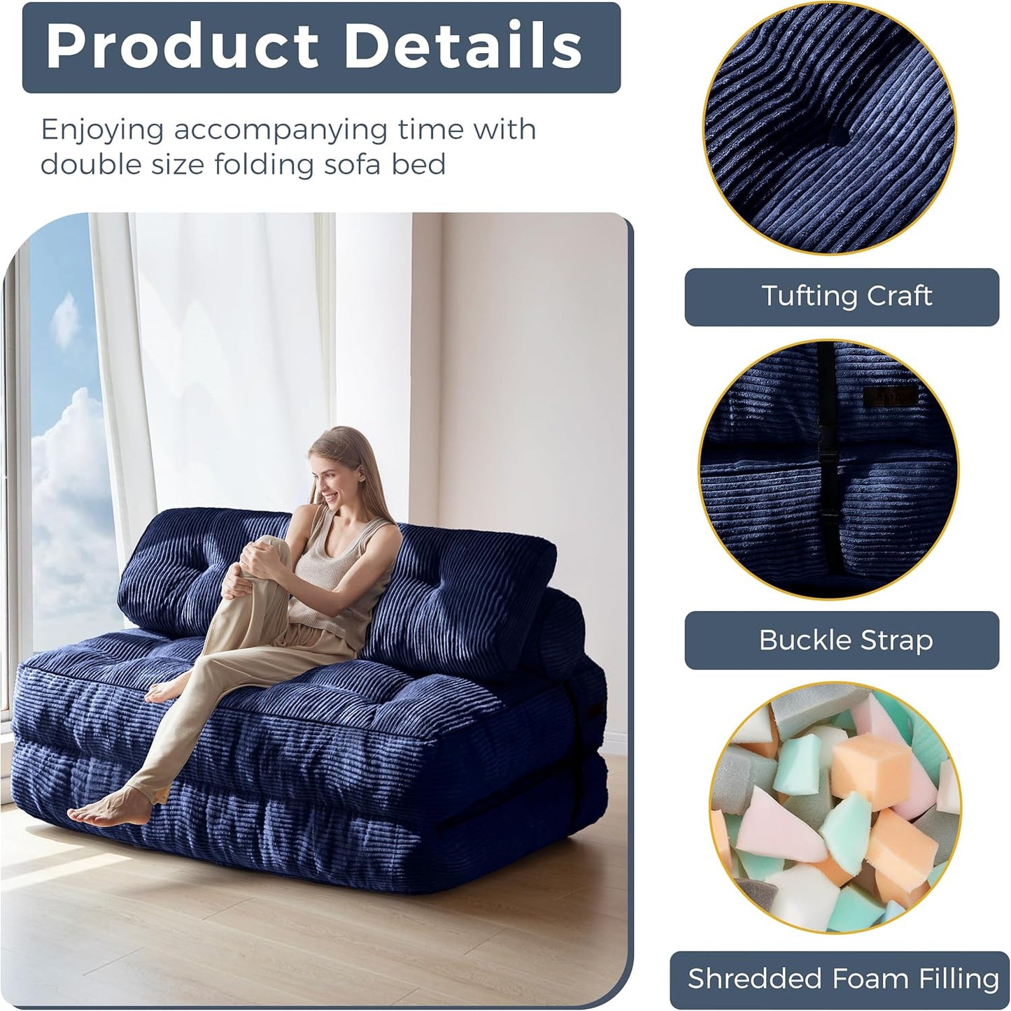 Folding Sofa Bed, Convertible Sleeper Chair with Pillow, Portable Floor Lounge Chair Bed, Dark Grey, Single