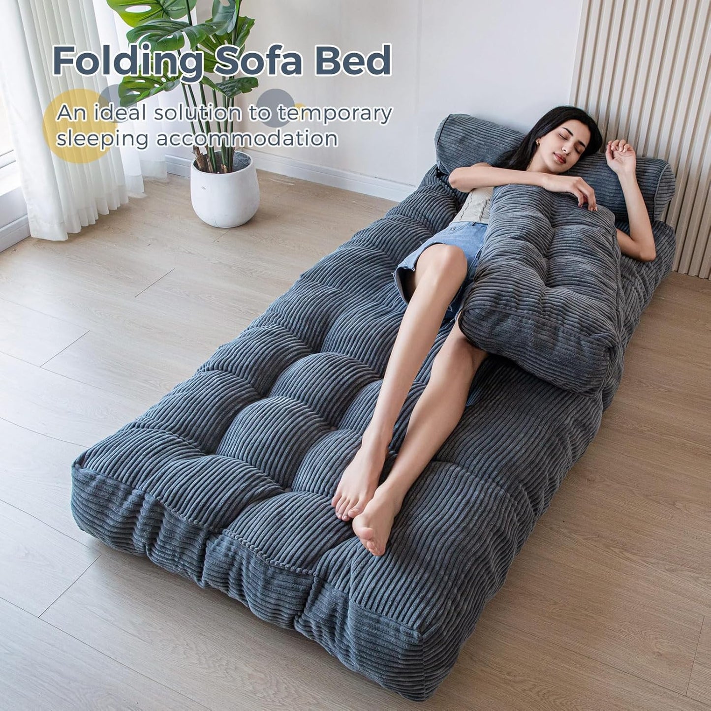 Folding Sofa Bed, Convertible Sleeper Chair with Pillow, Portable Floor Lounge Chair Bed, Dark Grey, Single