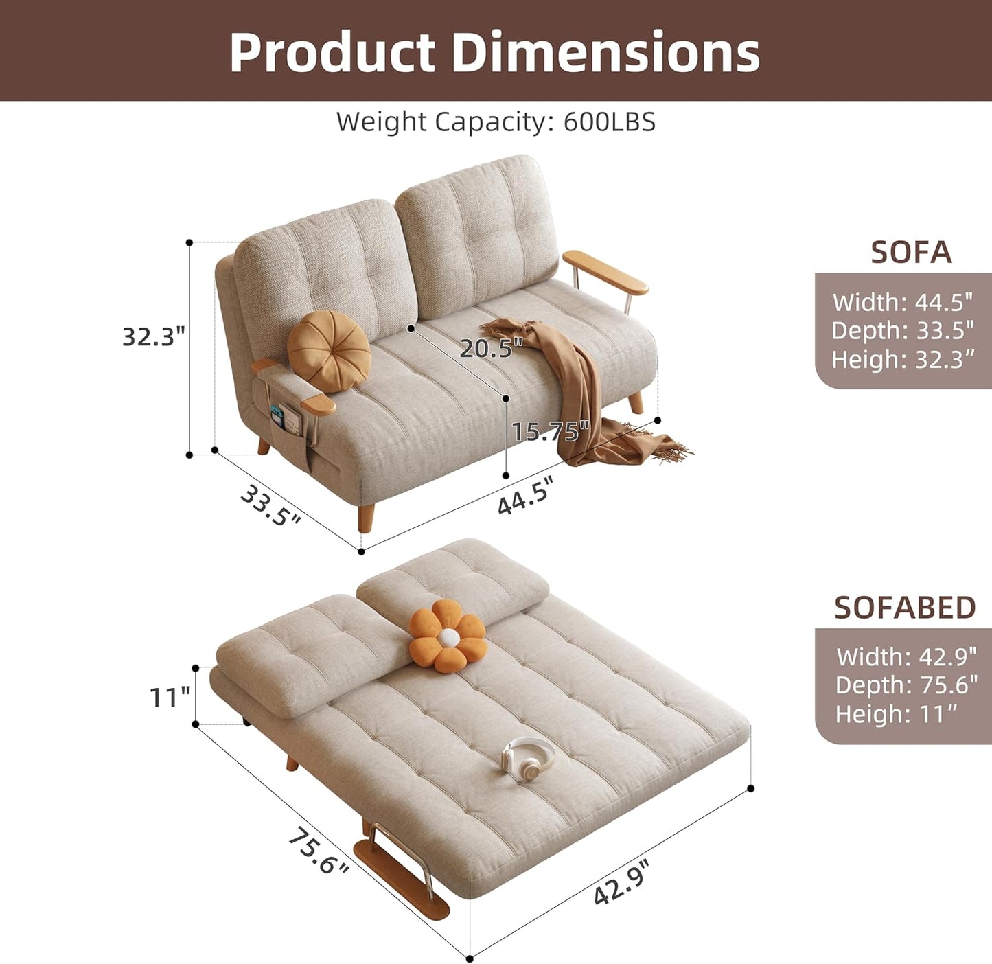 Modern Convertible Chair Bed with Wood Legs