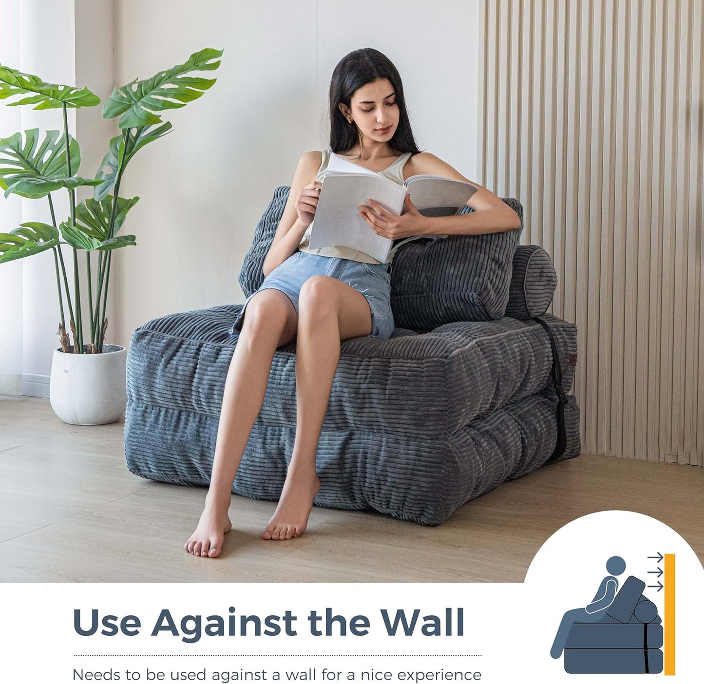 Folding Sofa Bed, Convertible Sleeper Chair with Pillow, Portable Floor Lounge Chair Bed, Dark Grey, Single