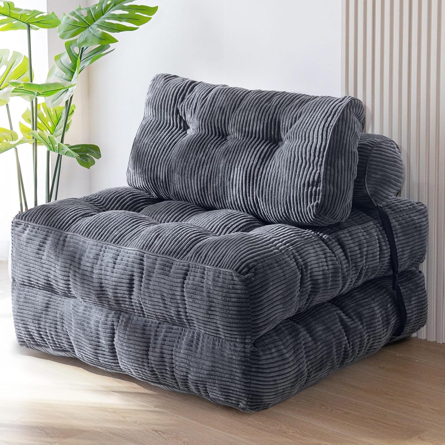 Folding Sofa Bed, Convertible Sleeper Chair with Pillow, Portable Floor Lounge Chair Bed, Dark Grey, Single