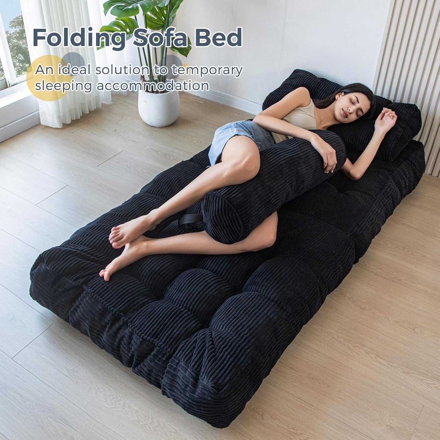 Folding Sofa Bed, Convertible Sleeper Chair with Pillow, Portable Floor Lounge Chair Bed, Dark Grey, Single