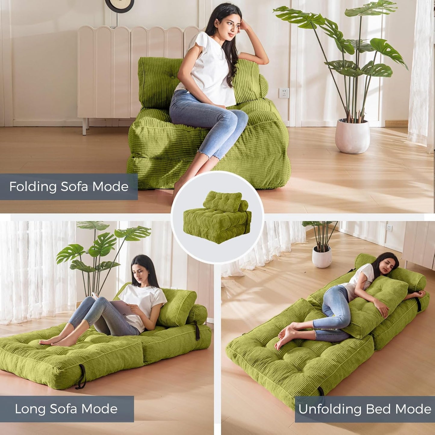 Folding Sofa Bed, Convertible Sleeper Chair with Pillow, Portable Floor Lounge Chair Bed, Dark Grey, Single