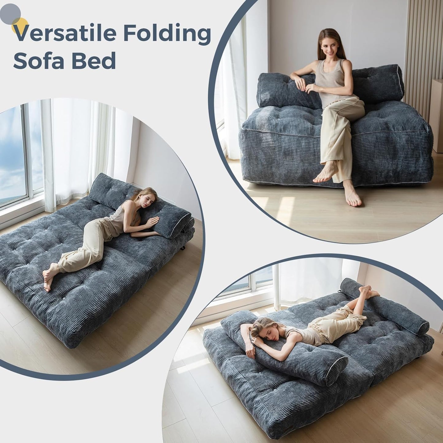 Folding Sofa Bed, Convertible Sleeper Chair with Pillow, Portable Floor Lounge Chair Bed, Dark Grey, Single