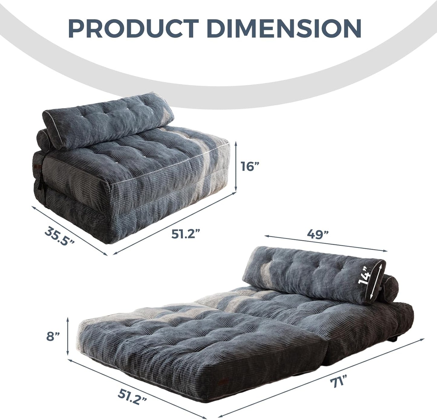 Folding Sofa Bed, Convertible Sleeper Chair with Pillow, Portable Floor Lounge Chair Bed, Dark Grey, Single