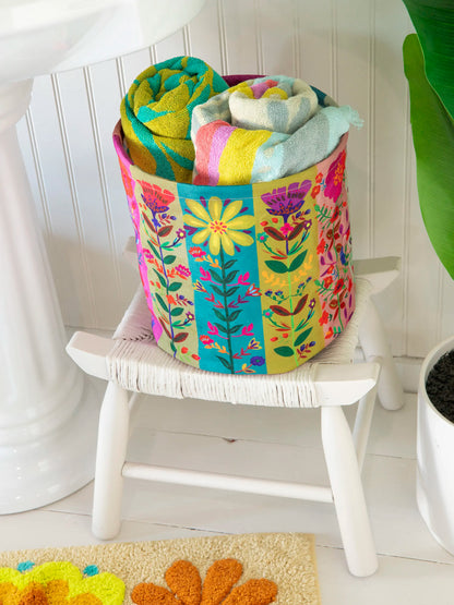 Collapsible Trash / Storage Bin - Teal Folk Flower