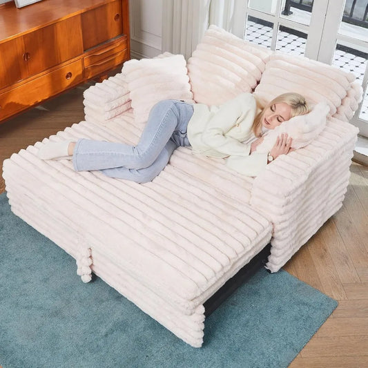 Upholstered Chaise Lounge Pull-Out Sofa Bed with Pillows, Plush Cord Sleeper Chair for Living Room