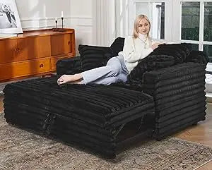 Upholstered Chaise Lounge Pull-Out Sofa Bed with Pillows, Plush Cord Sleeper Chair for Living Room