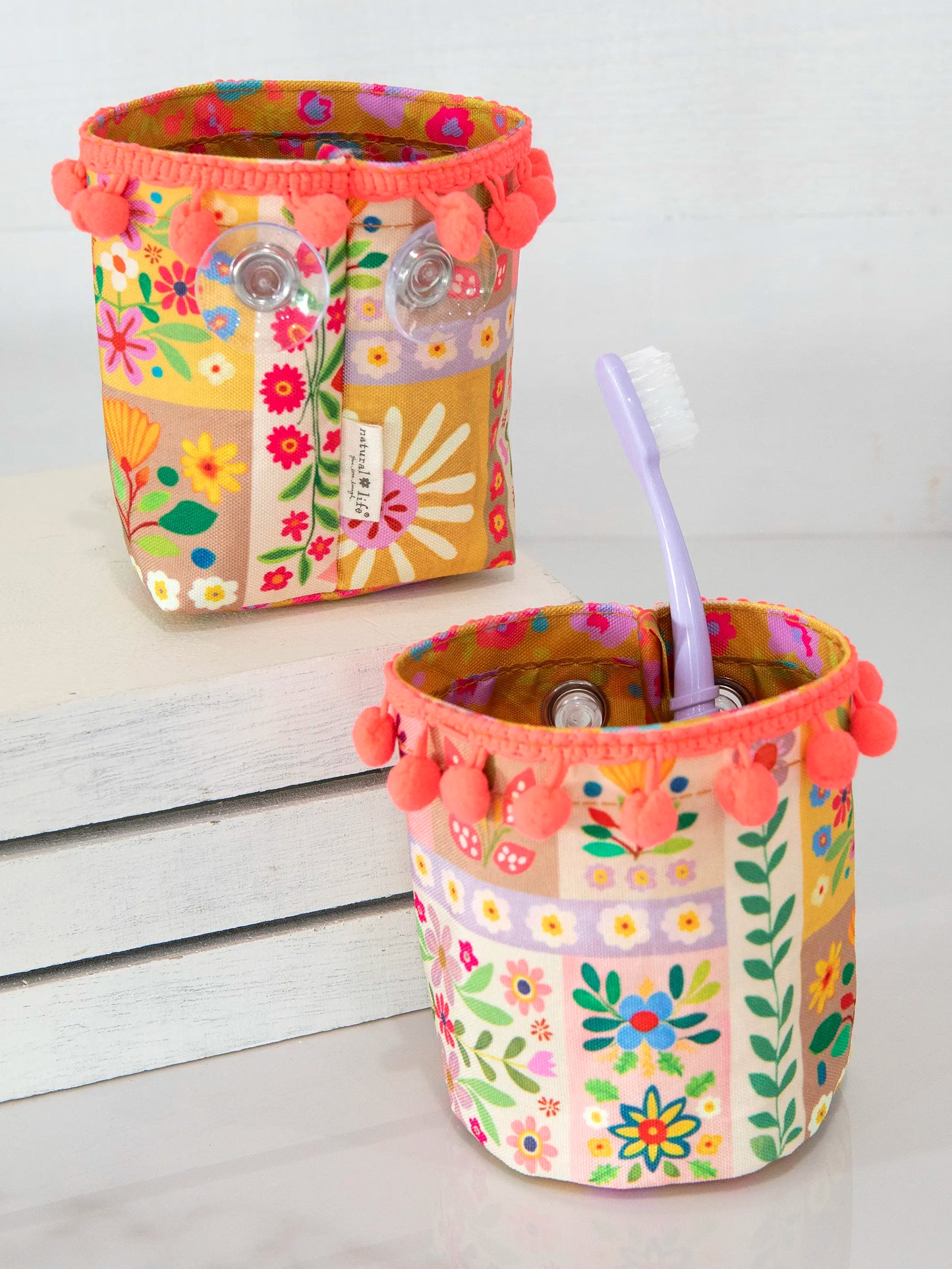 Suction Mounted Toothbrush Holder - Pink Folk Flower