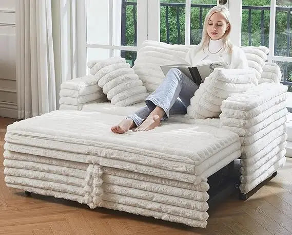 Upholstered Chaise Lounge Pull-Out Sofa Bed with Pillows, Plush Cord Sleeper Chair for Living Room