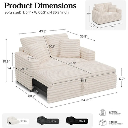 Upholstered Chaise Lounge Pull-Out Sofa Bed with Pillows, Plush Cord Sleeper Chair for Living Room