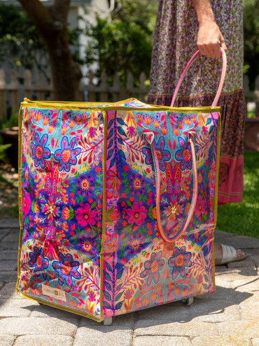 Rolling Tote Bag - XL Royal Blue Folk Flower