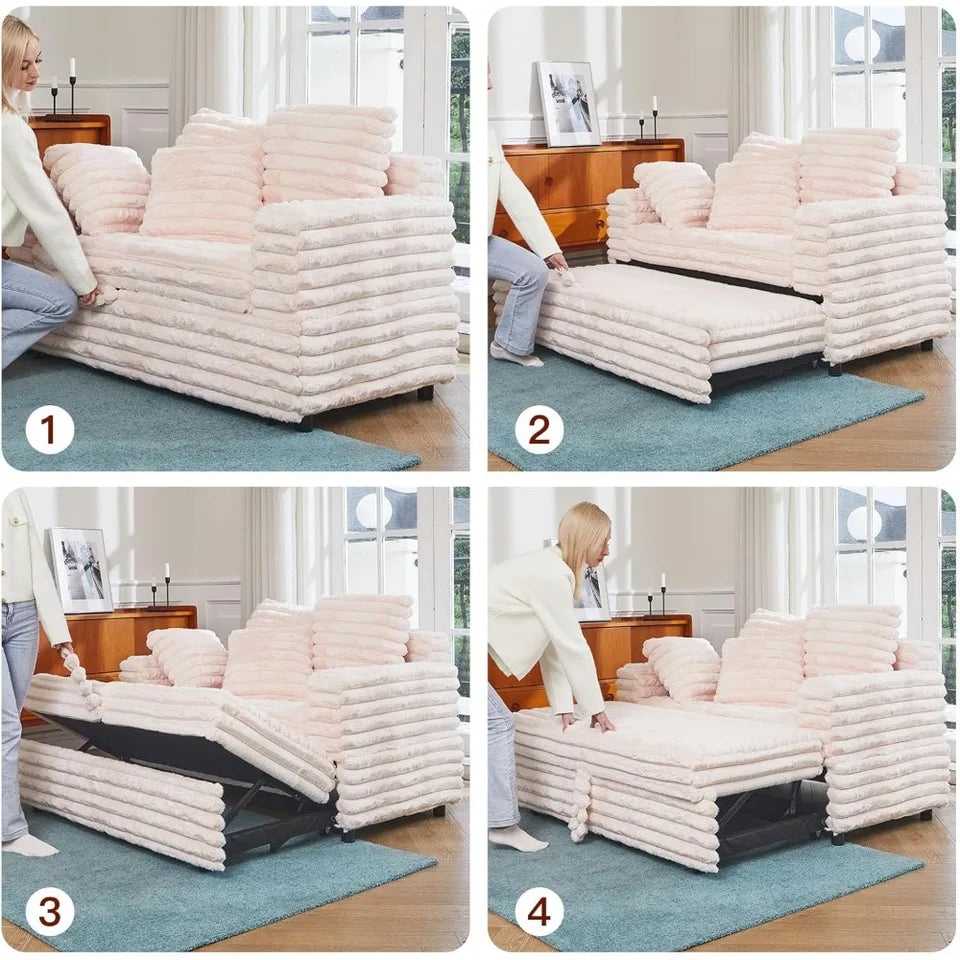 Upholstered Chaise Lounge Pull-Out Sofa Bed with Pillows, Plush Cord Sleeper Chair for Living Room