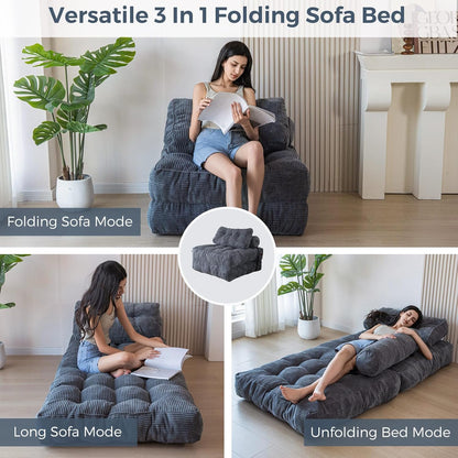 Folding Sofa Bed, Convertible Sleeper Chair with Pillow, Portable Floor Lounge Chair Bed, Dark Grey, Single