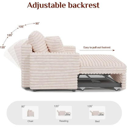Upholstered Chaise Lounge Pull-Out Sofa Bed with Pillows, Plush Cord Sleeper Chair for Living Room